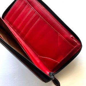 LODIS Black Leather Zippered Wallet Stunning Red Leather Interior